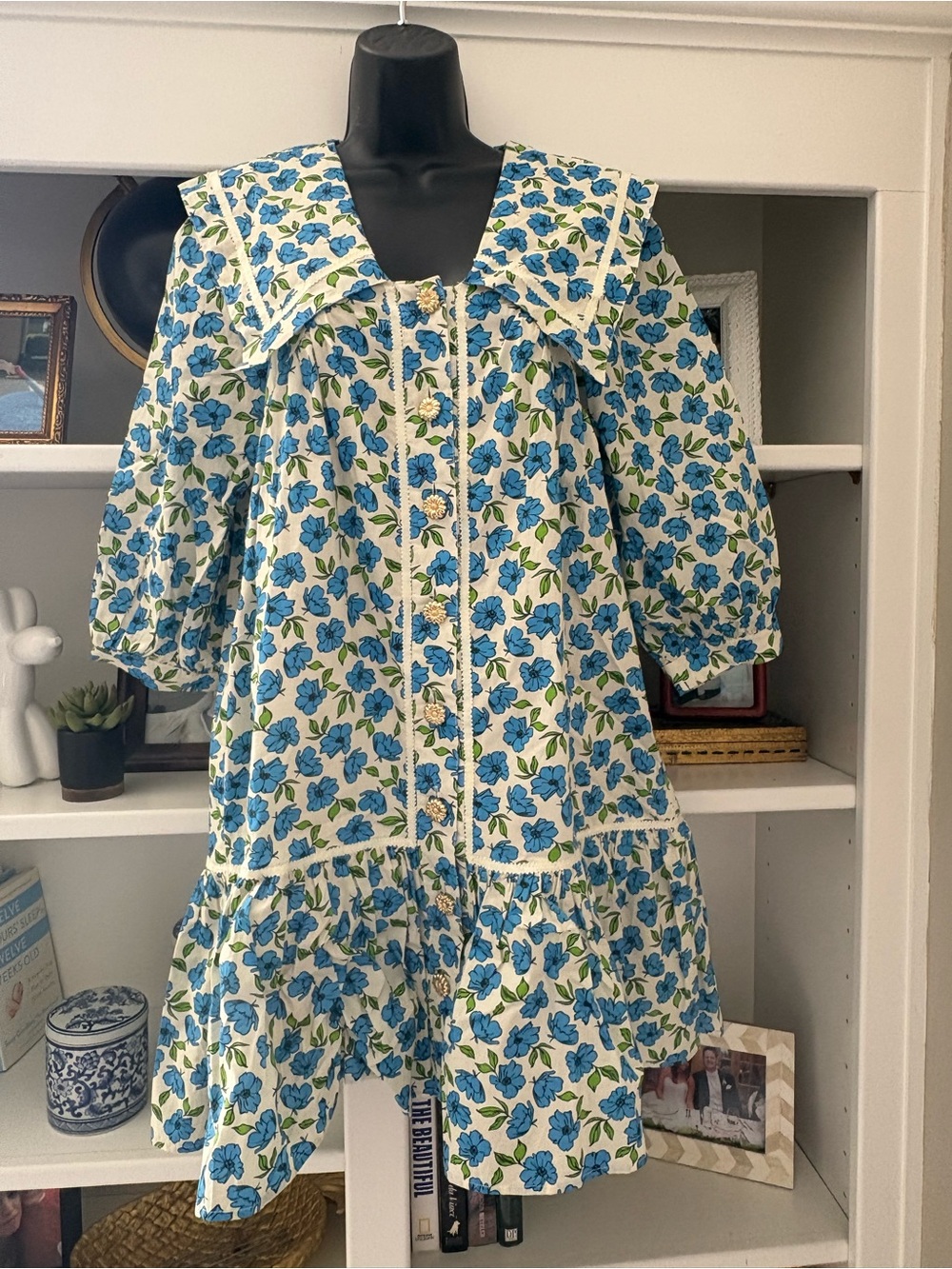 Entro Blue Floral Tiered Dress with Sailor Collar
